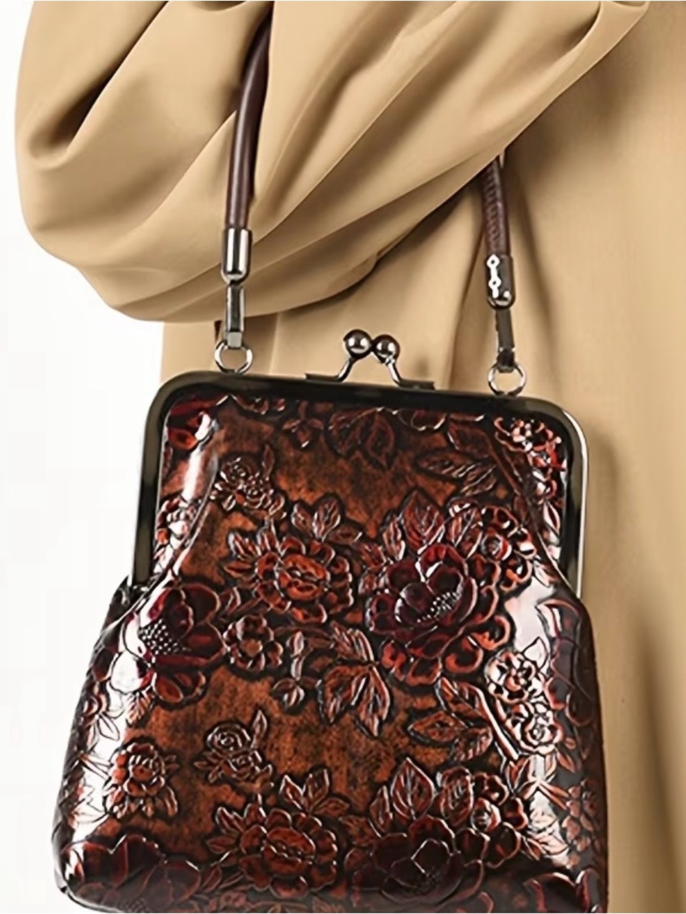 Embossed Floral Brown Purse w/Frame Kiss Clasp~by GECKO